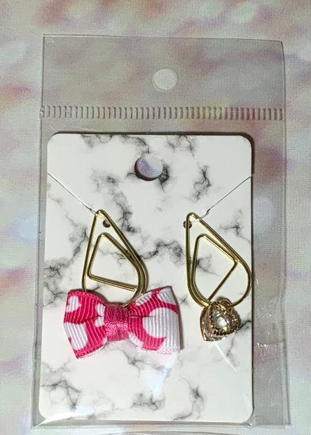 Pink Metal Bow and Gold Heart Paper Clip Charm
