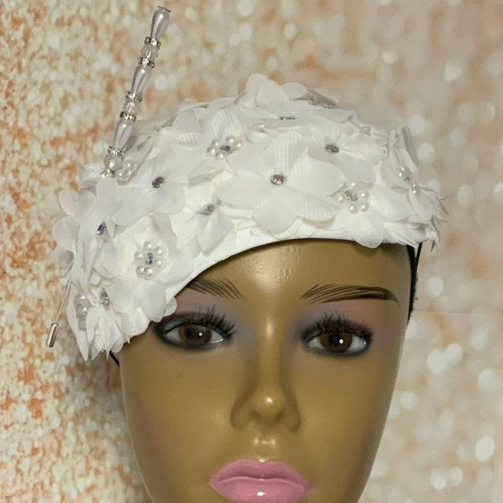 White Flower Half Hat Fascinator for weddings, church and special occasions