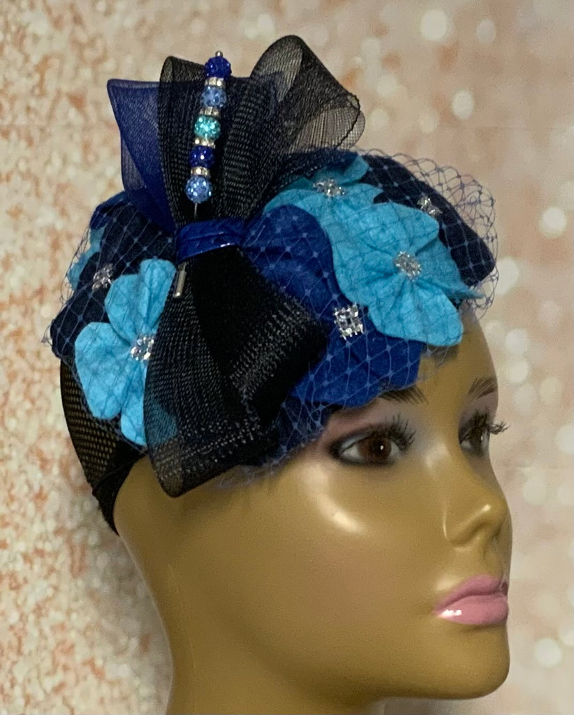Blue Felt Flower Half Hat