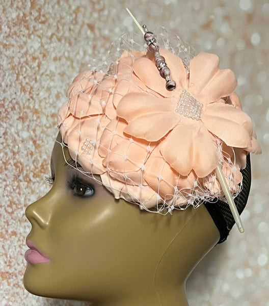 Peach Flower Fascinator Half Hat, Weddings, Church, Tea Parties, and other Special Occasions