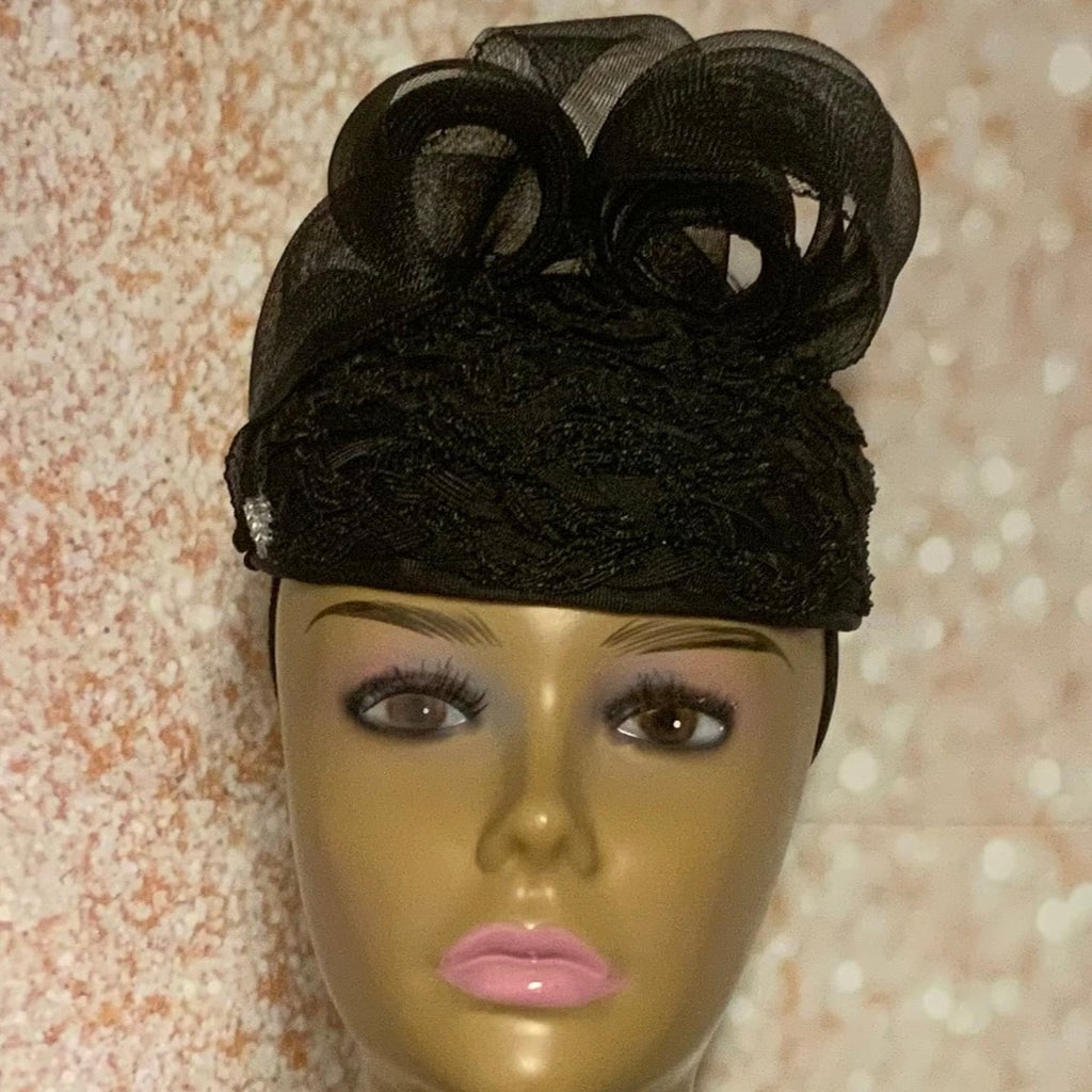 Black Beaded Lace Draped Hat