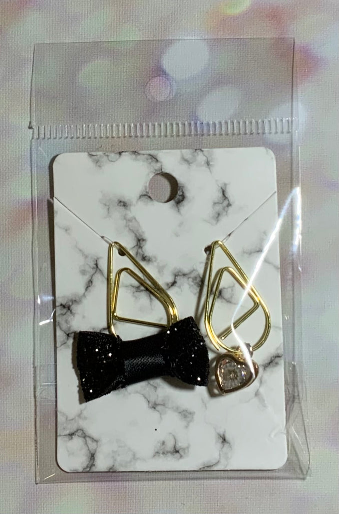 Black Glitter Bow and Heart Paper Clip Charm