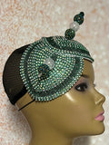 Green Beaded Rhinestone Double Cup Fascinator | Double Teardrop Half Hat for Church