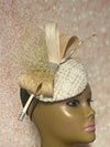 Cream and Gold Button Fascinator Half Hat for Church Head Covering, Tea Party, Wedding and Other Special Occasions