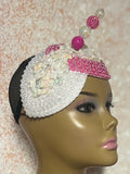 Hot Pink and Off-White Iridescent Rhinestone Double Cup Teardrop Beaded Fascinator