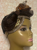 Brown Bronze Gold Double Teardrop Fascinator, Multicolor Earth Tone Double Cup Special Occasion Half Hat for church