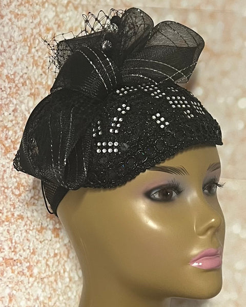 Black Sequin Lace Rhinestone Fascinator Half Hat for Church Head Covering, Weddings, Tea Parties and  Other Special Occasions