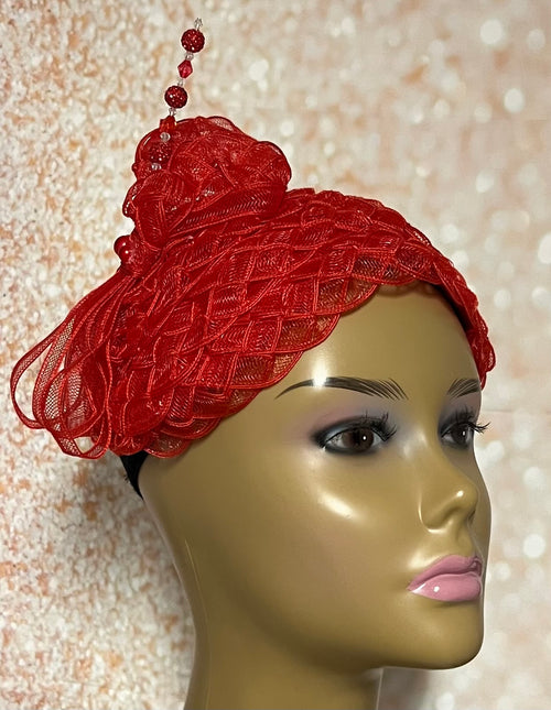Beautiful Red Fascination Half Hat for Church, Tea Party, Weddings and Special Occasions