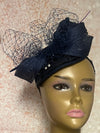 Navy Blue Sinamay Bling Teardrop Half Hat Fascinator for Church Head Covering, Tea Parties, Weddings and Special Occasions