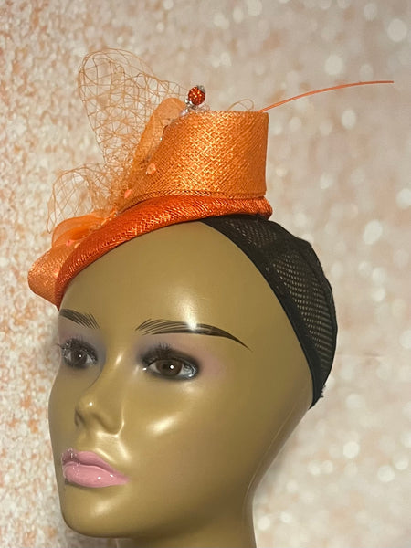 Orange Sinamay Button Half Hat Fascinator for Church Head Covering, Wedding, Tea Party, Mother of the Bride, and Other Special Occasions