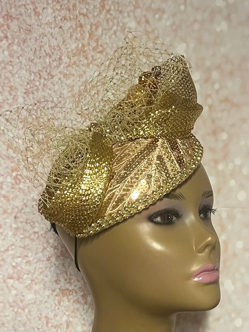 Gold Beaded Sequin Lace Teardrop Fascinator, Special Occasion Half Hat for church