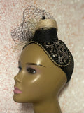 Black and Gold Beaded Sequin Headband Half Hat Fascinator for weddings, church and special occasions