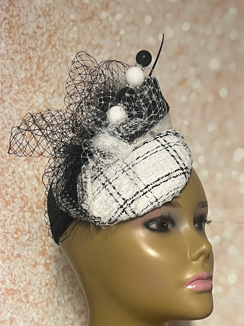 Black and White Striped Tweed Fascinator Half Hat for Church Head Covering, Tea Party, Wedding and Other Special Occasions