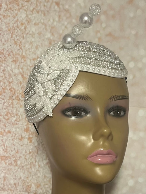 White Teardrop Double Cup Half Hat Fascinator for weddings, church, tea parties and special occasions