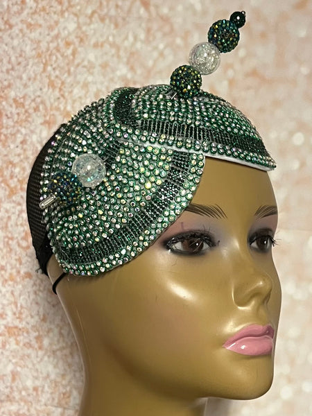 Green Beaded Rhinestone Double Cup Fascinator | Double Teardrop Half Hat for Church