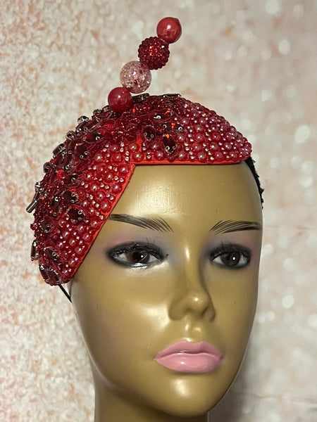 Red Beaded Double Teardrop Fascinator Hat, Church and Special Occasion Headwear