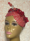 Red Flower Beaded Double Teardrop Fascinator Hat, Church and Special Occasion Headwear