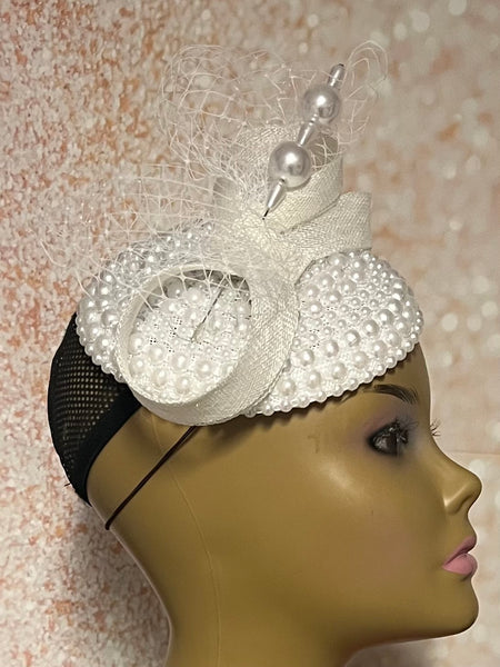 White Beaded Pearl Button Bow Half Hat Fascinator for weddings, church and special occasions, Gift for Mom, Sister, Wife, Her