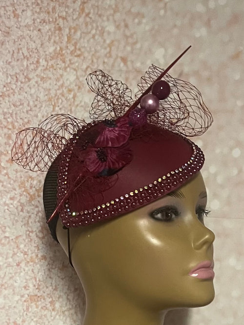 Burgundy Teardrop Flower Fascinator Half Hat for Church, Weddings and other special occasions