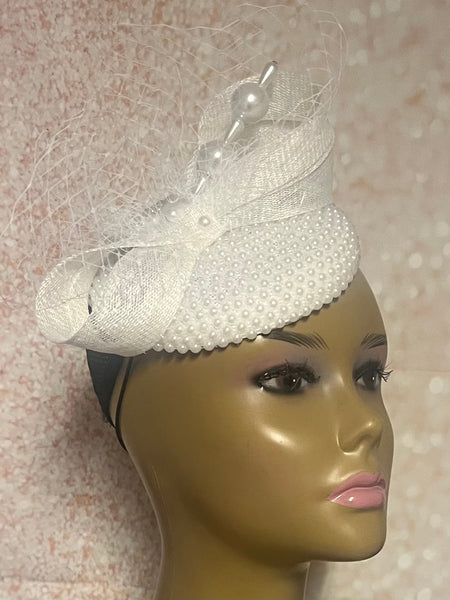 White Beaded Pearl Button Half Hat Fascinator for weddings, church and special occasions, Gift for Mom, Sister, Wife, Her