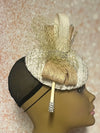 Cream and Gold Button Fascinator Half Hat for Church Head Covering, Tea Party, Wedding and Other Special Occasions