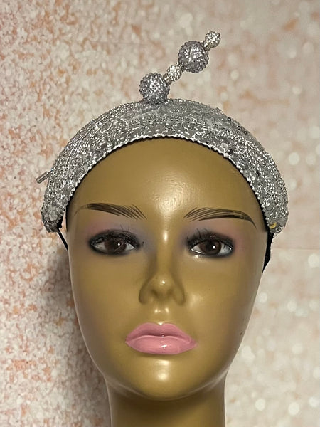 Silver Rhinestone Sequin Headband Fascinator Half Hat, Church Head Covering with Bow