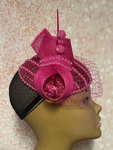 Fuchsia Pink Sequin Beaded Fascinator Half Hat for Church head covering, Tea Party, Wedding, and other Special Occasions