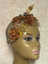 Gold and Brown Beaded Flower Fascinator, Church Special Occasion Half Hat