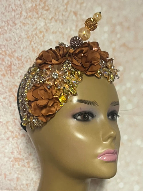Gold and Brown Beaded Flower Fascinator, Church Special Occasion Half Hat