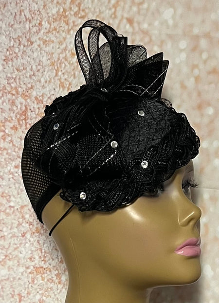 Black Lace And Felt Bow Half Hat Fascinator for weddings, church or funerals and tea parties