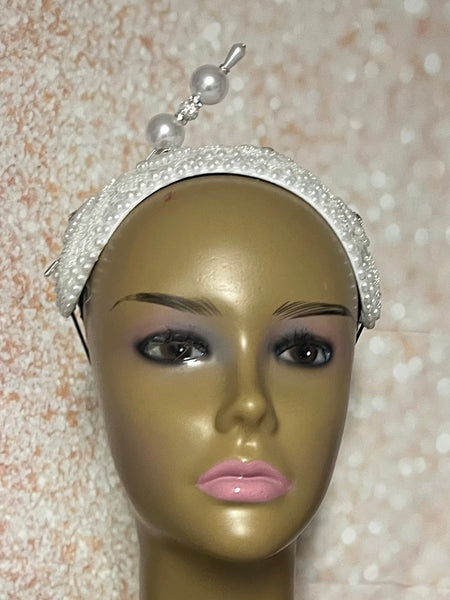 White Beaded Headband Half Hat Fascinator for weddings, church and special occasions, Gift for Mom, Sister, Wife, Her