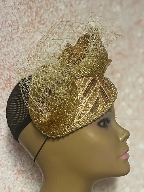 Gold Beaded Sequin Lace Teardrop Fascinator, Special Occasion Half Hat for church