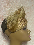 Gold Beaded Sequin Lace Teardrop Fascinator, Special Occasion Half Hat for church
