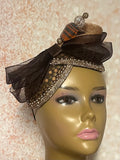 Brown Bronze Gold Double Teardrop Fascinator, Multicolor Earth Tone Double Cup Special Occasion Half Hat for church