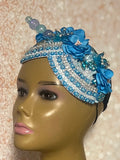 Light Blue Beaded Flower Double Cup Fascinator, Sea Blue Double Teardrop Church Special Occasion Half Hat