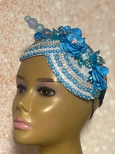 Light Blue Beaded Flower Double Cup Fascinator, Sea Blue Double Teardrop Church Special Occasion Half Hat