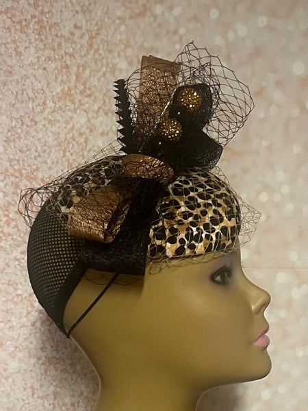 Leopard Small Circular Fascinator Half Hat for Tea Party, Church Head Covering, Wedding and other Special Occasions