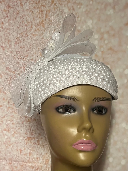 White Beaded Pearl Three Quarter/Full Hat Fascinator for weddings, church and special occasions, Gift for Mom, Sister, Wife, Her