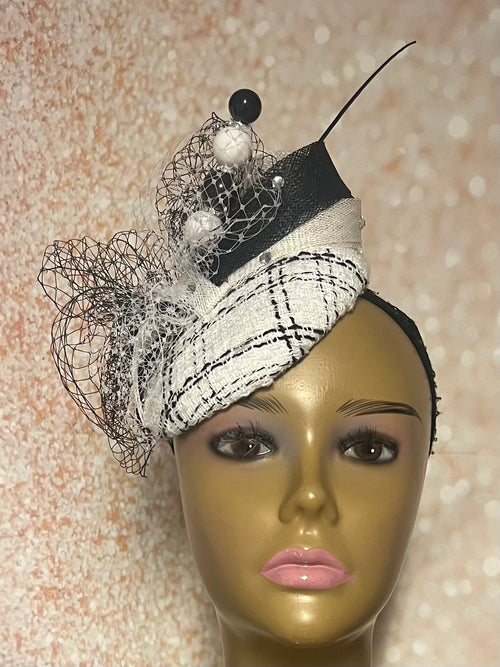 Black and White Striped Tweed Fascinator Half Hat for Church Head Covering, Tea Party, Wedding and Other Special Occasions