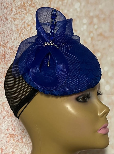 Blue Button Fascinator Royal Blue Half Hat for Church head covering, Tea Party, Wedding, and other Special Occasions