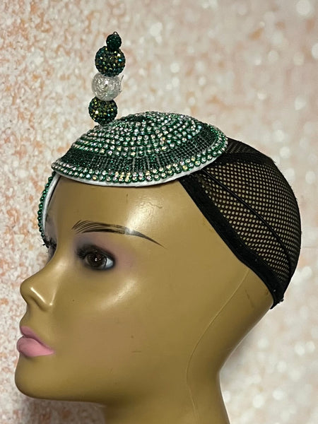 Green Beaded Rhinestone Double Cup Fascinator | Double Teardrop Half Hat for Church