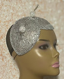Silver Sinamay Shiny Bling Fascinator Half Hat for Church, Tea Parties, Weddings and other special occasions