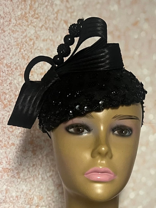 Black Beaded Teardrop Fascinator Half Hat for church, weddings, tea parties and other occasions