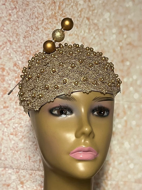 Gold Beaded Fascinator Half Hat for Church, Tea Parties, Weddings and other special occasions