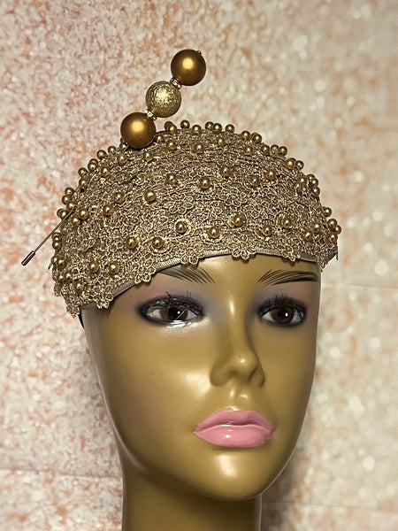 Gold Beaded Fascinator Half Hat for Church, Tea Parties, Weddings and other special occasions