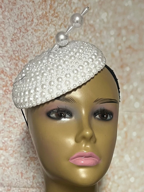 White Beaded Pearl Button Half Hat Fascinator for weddings, church and special occasions, Gift for Mom, Sister, Wife, Her