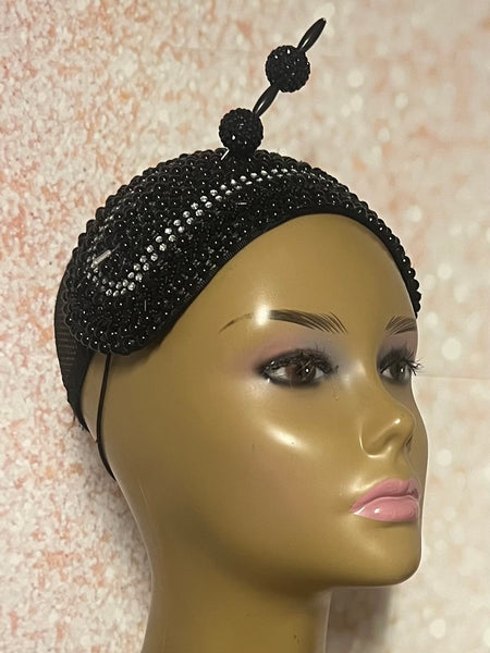 Black Small Sequin Button Fascinator Half Hat for Church Head Covering, Weddings, Tea Parties and  Other Special Occasions