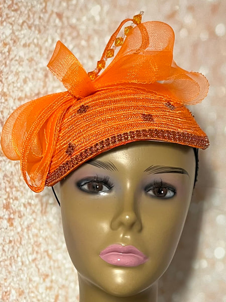 Orange Sequin Felt Small Half Hat Fascinator for Church Head Covering, Wedding, Tea Party, Mother of the Bride, and Other Special Occasions