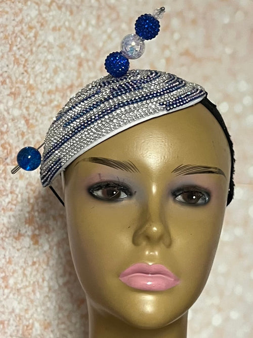 Blue and Silver Bling Teardrop Fascinator Half Hat for Church head covering, Tea Party, Wedding, and other Special Occasions