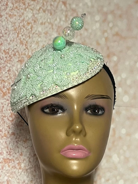 Mint Green Crystal Bead Bling Fascinator | Teardrop Half Hat for Church